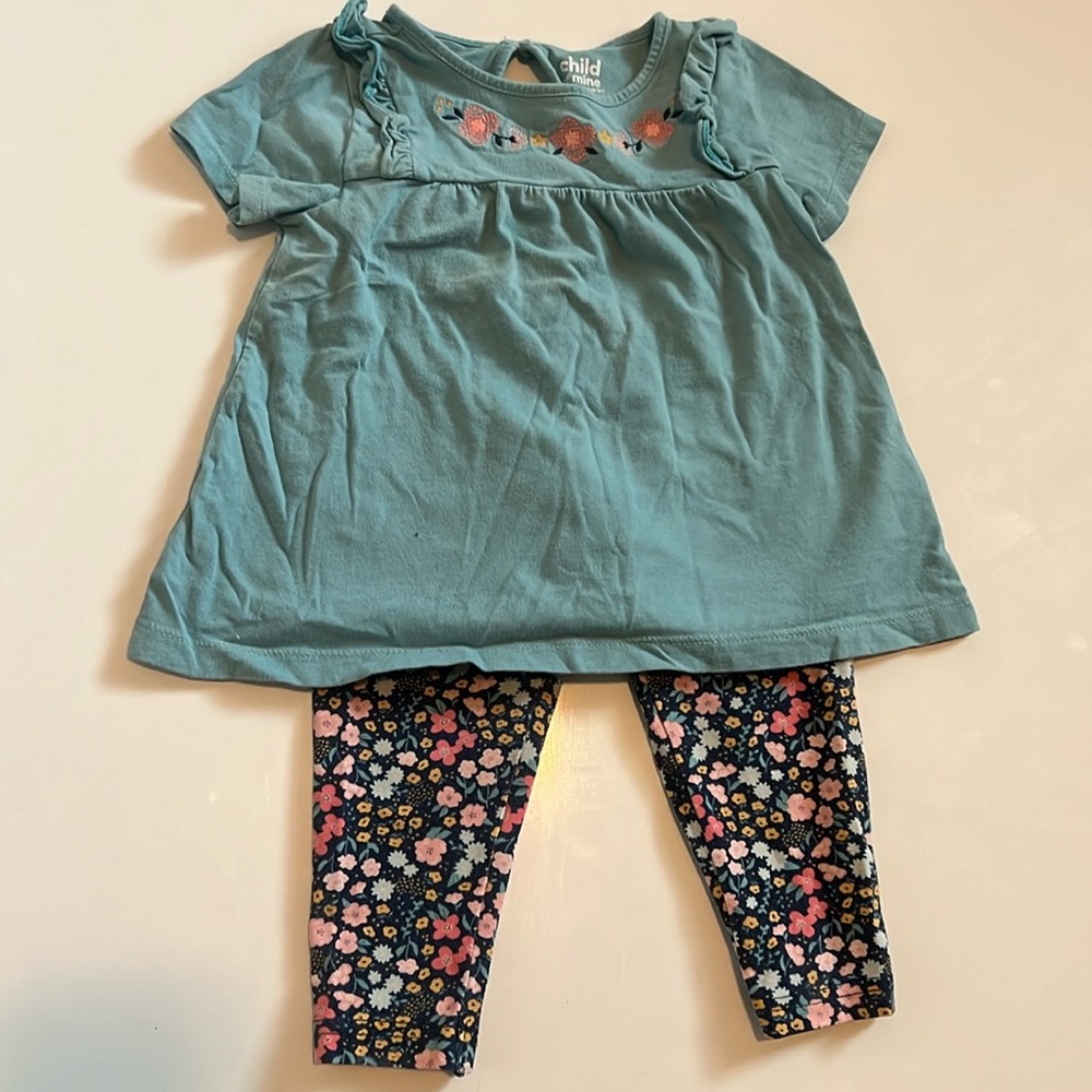 Child of mine shirt and pant set, teal and flowers 24M